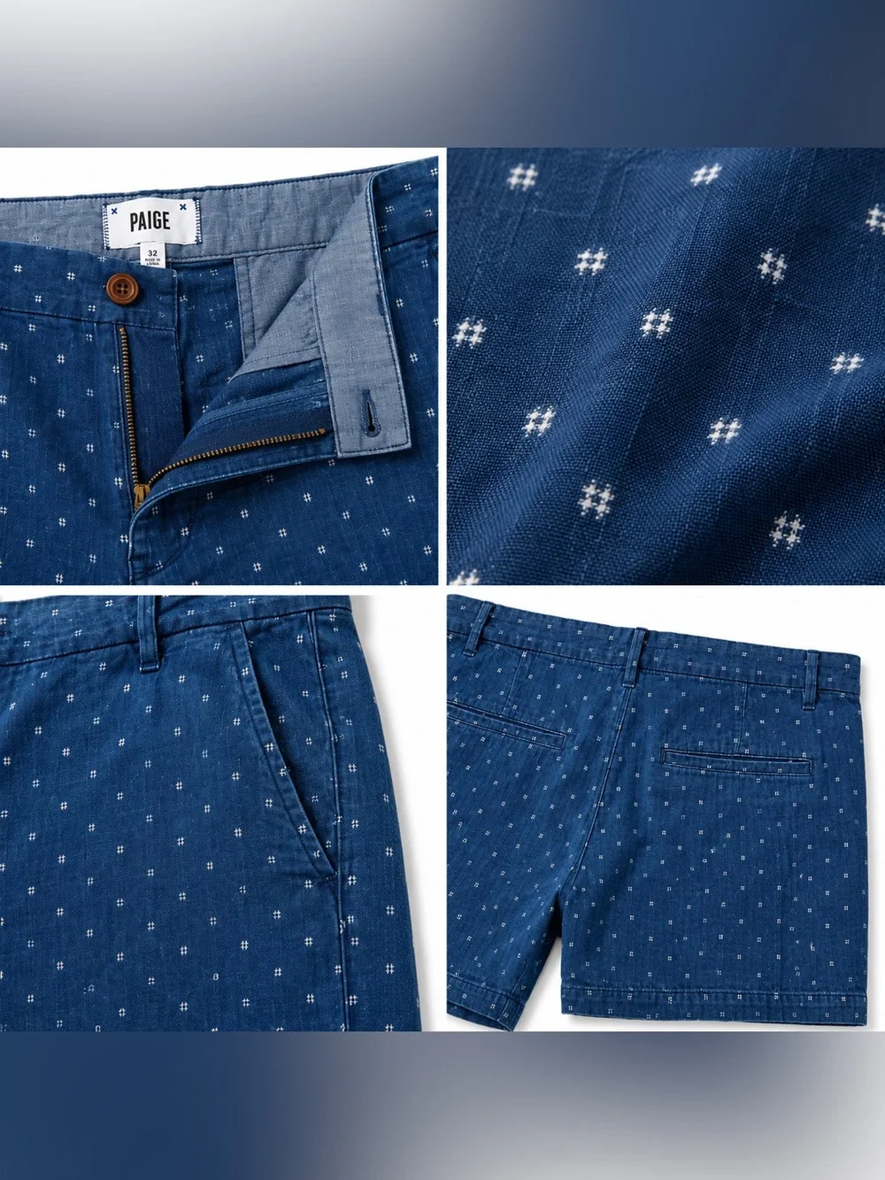 PAIGE Mens Blue Printed Cotton Chino Shorts Size 32 Casual Summer Flat Front